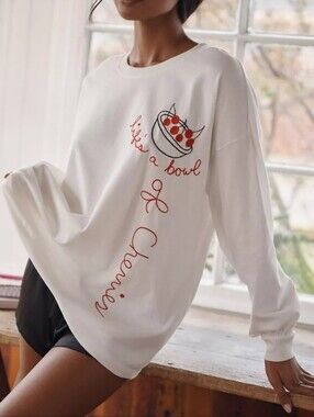 Lyre Bird Anthropologie Long Sleeve Embroidered Life's A Bowl Of Cherries Top